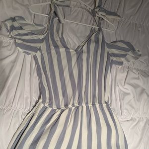 Blue and white striped romper with bows